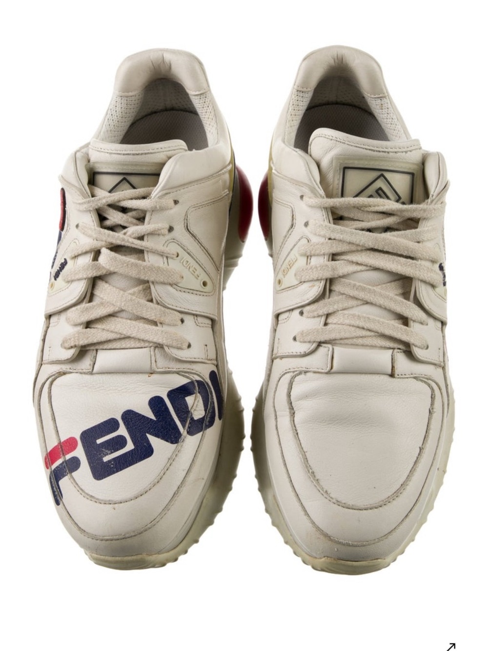 Fendi women size 10 - Cream Leather Sneakers with Navy and Red Logo
